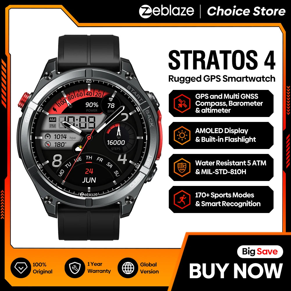 Nuevo 2025 Zeblaze Stratos 4 GPS Smartwatch 1.43 "AMOLED Pantalla Brújula Altímetro Barométrico Linterna Llamada de voz Reloj inteligente