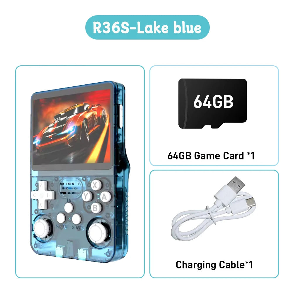 R36S ARKOS Consola de videojuegos portátil retro de 3,5 pulgadas IPS con múltiples colores disponibles, pantalla de reproductor portátil, 64GB de juegos