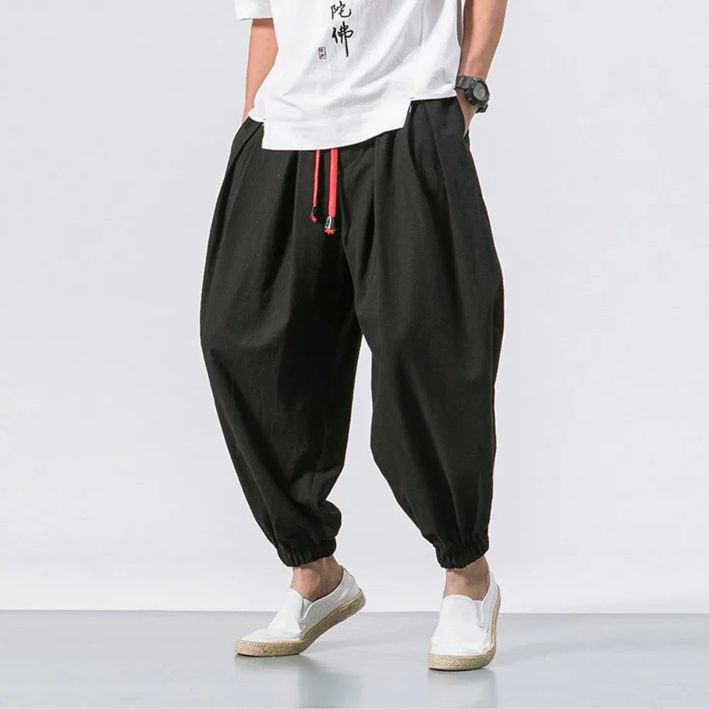 Men's Cotton Linen Harem Pants, Casual Joggers, Chinese Style, High Quality, New