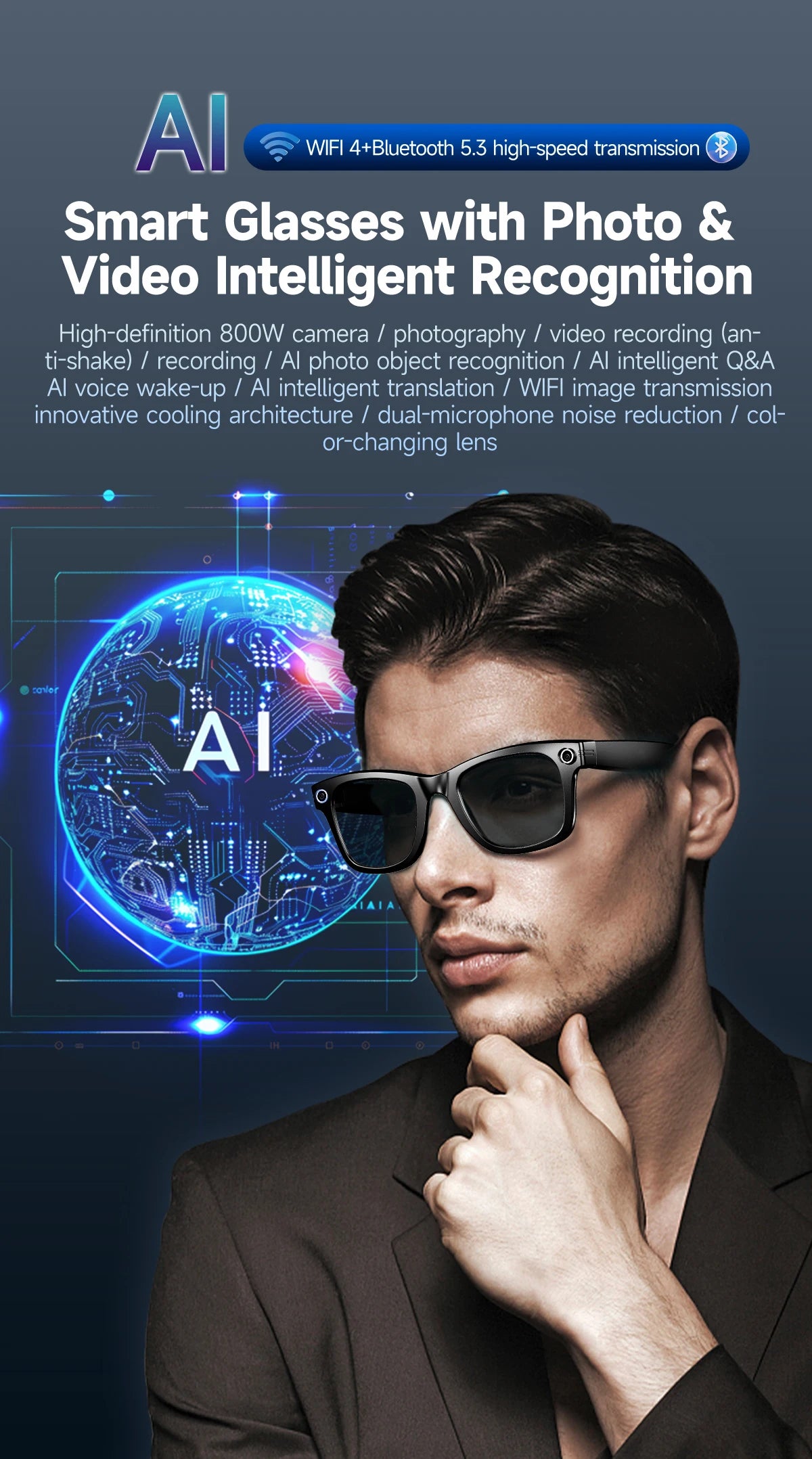 Nouvelle mise à niveau lunettes intelligentes avec caméra enregistrement vidéo AI reconnaissance Photo Bluetooth appel traduction voix lunettes de soleil hommes femmes