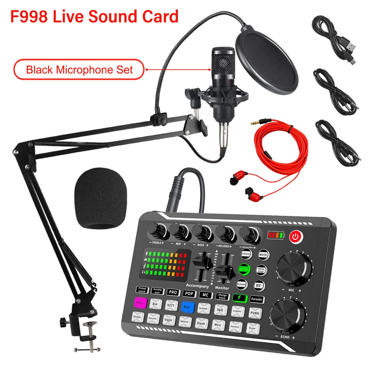 F998 — Kit Studio Podcast Complet Carte Son, Microphone & Mélangeur