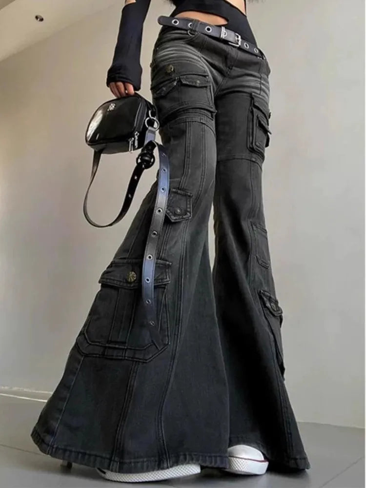 Pantalones vaqueros acampanados negros vintage delgados de 2025 Cyber Y2K Streetwear Cargo, ropa para mujer, pantalones de señora con múltiples bolsillos
