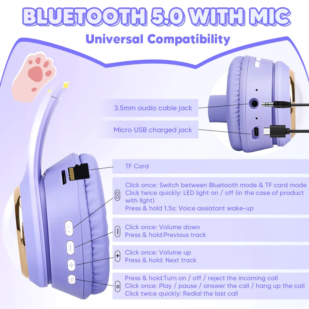 Auriculares inalámbricos RGB con orejas de gato para PC, lindos, cápsula espacial 3D, auriculares Bluetooth, auriculares plegables para juegos, regalos para niñas