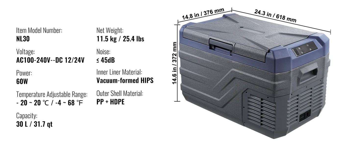 Réfrigérateur de voiture 30/37/45L — zone unique, compresseur léger intégré, camping, RV