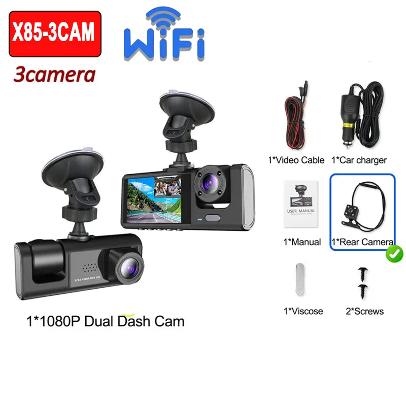 Dashcam 1080P WiFi 2/3 Caméras — Vision Nocturne Avant Arrière Véhicule