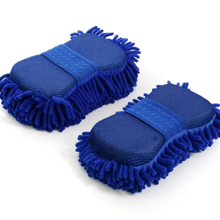 Éponge de lavage de voiture en chenille en microcarence bleue, tampon de brosse de lavage d'entretien, outil de livres, serviette de lavage automatique, gants, accessoires de style, 2 pièces