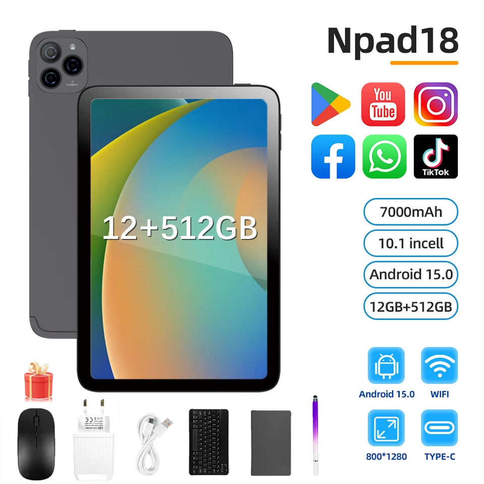 NPad 18 Pro 10.1 pulgadas Tablet Pad 1280*800 HD 12GB 512GB Android 14.0 7000mAh doble WIFI BT5.0 Tabletas con doble tarjeta SIM y doble cámara