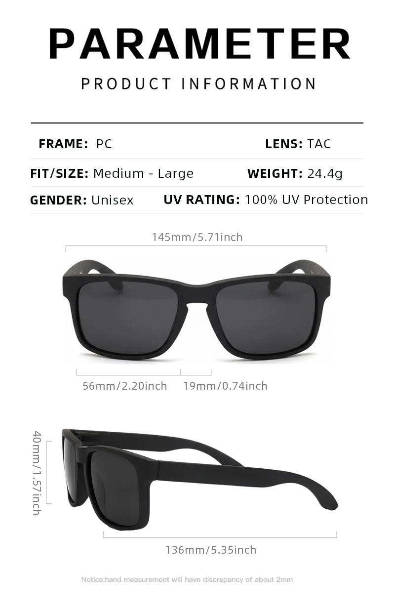 Lunettes de soleil polarisées carrées classiques pour hommes et femmes, Vintage, en plastique, élégantes, noires, pour Sports de plein air, UV400