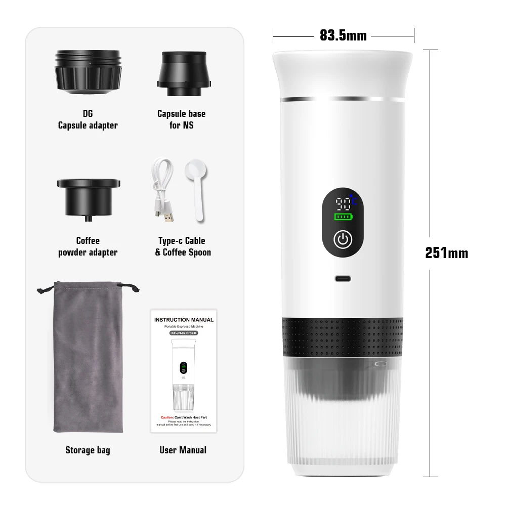 Machine à café expresso portable sans fil — voiture, camping, réservoir 80 ml, affichage numérique, 3 en 1, capsules et poudres