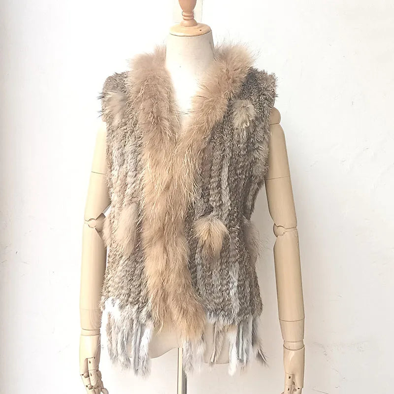 Chaleco de piel de conejo de punto real de otoño de 2025 para mujer, chalecos de piel auténtica cálidos de invierno, chaleco de piel auténtica informal para mujer
