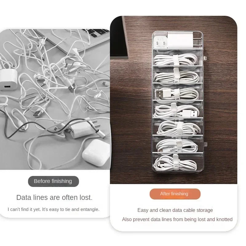 Clear Plastic Data Cable Storage Box, Household Cable, Mobile Phone Charger, Charging Cable Finishing Box, Divided Grid Box