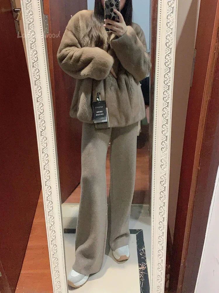 Autumn and Winter Temperament Wool High Waist Loose Wide Leg Pants Women Cloud Casual Soft Waxy Wool Straight Pants