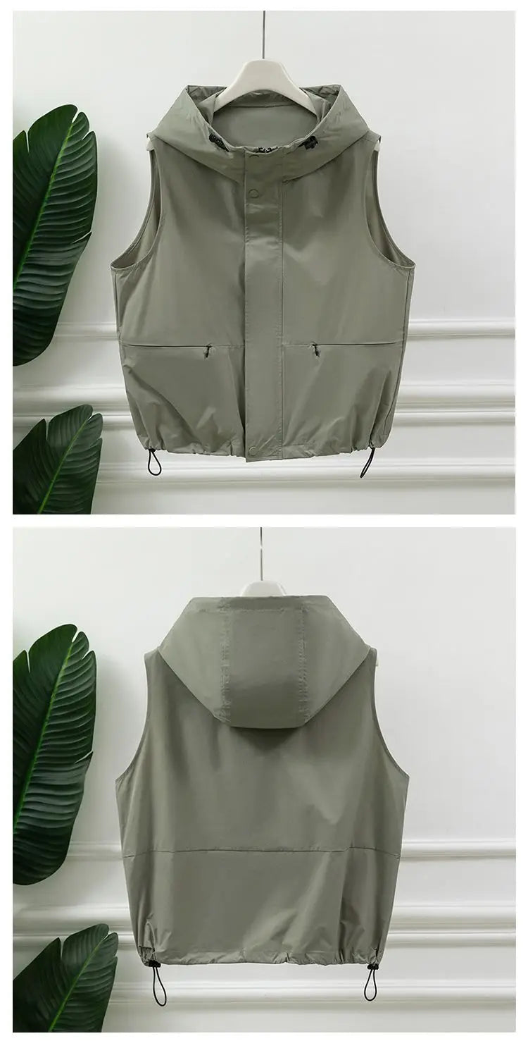 Chaleco utilitario sin mangas con capucha para mujer, gris claro, cremallera frontal, cordón, bolsillo en la cintura, chaleco informal para exteriores