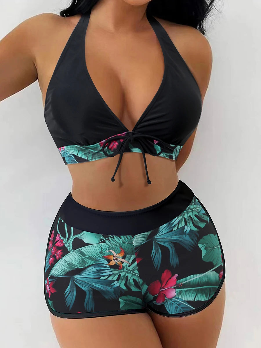 Ensemble de bikini halter 2026, maillot de bain court pour femme, maillot de bain taille haute imprimé, tenue de plage