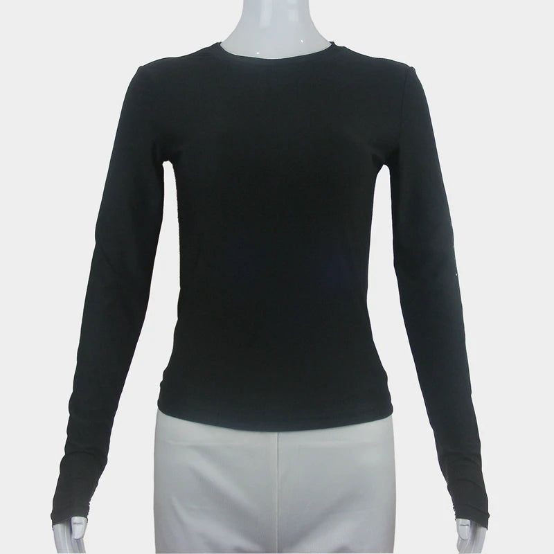 Camisetas de mujer de manga larga ajustadas, blusas de mujer de punto con cuello redondo, camisetas ajustadas de calle 2024, nuevas 2408