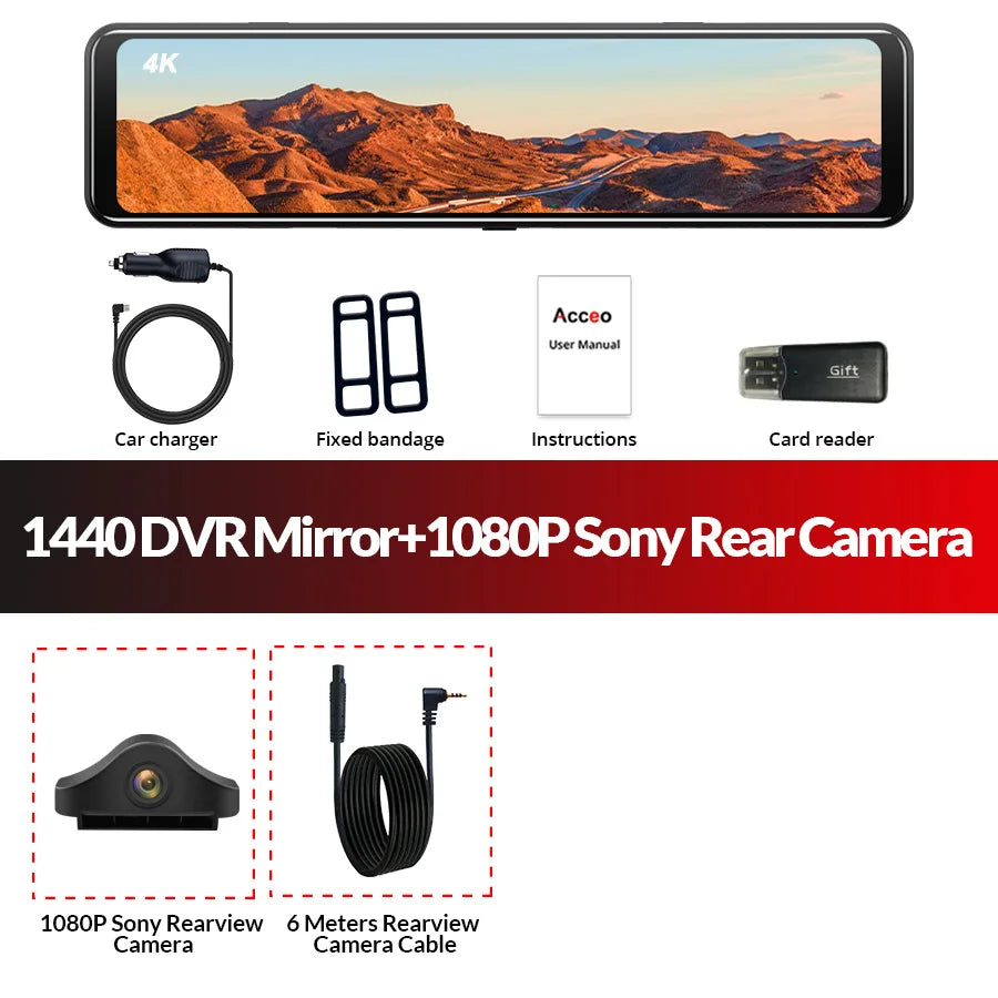 Dashcam 4K WiFi GPS 12" Tactile IPS — Rétroviseur Caméra Recul Enregistreur
