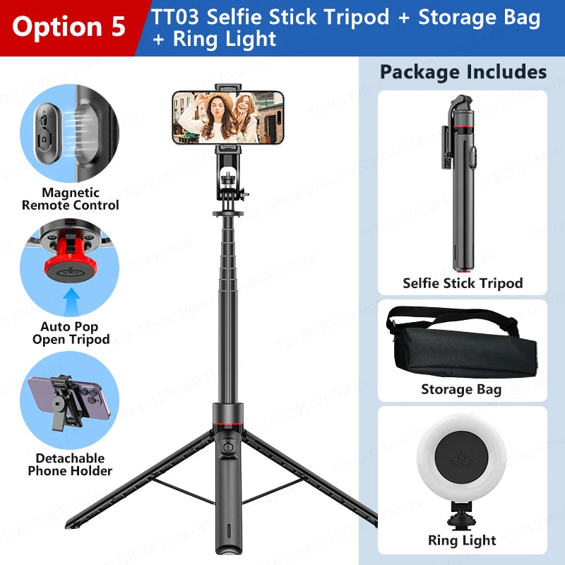TOKQI TT03 — Perche à Selfie Extensible 1.76m Ouverture Auto Télécommande Magnétique