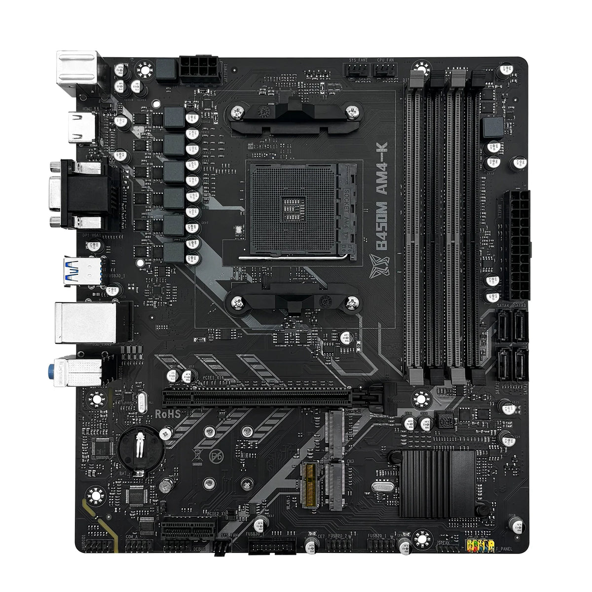 La carte mère MACHINIST B450M-AM4-K ADM prend en charge la série AM4 (processeur Ryzen 1-5) RAM DDR4 double NVME M.2 avec interface HDMI VGA DP