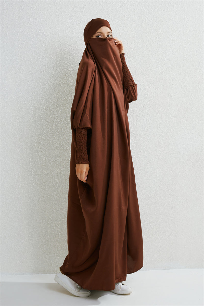 Abaya musulman à capuche manches smockées une pièce Robe de prière femmes Jilbab vêtements islamiques dubaï saoudien Robe noire modestie turque