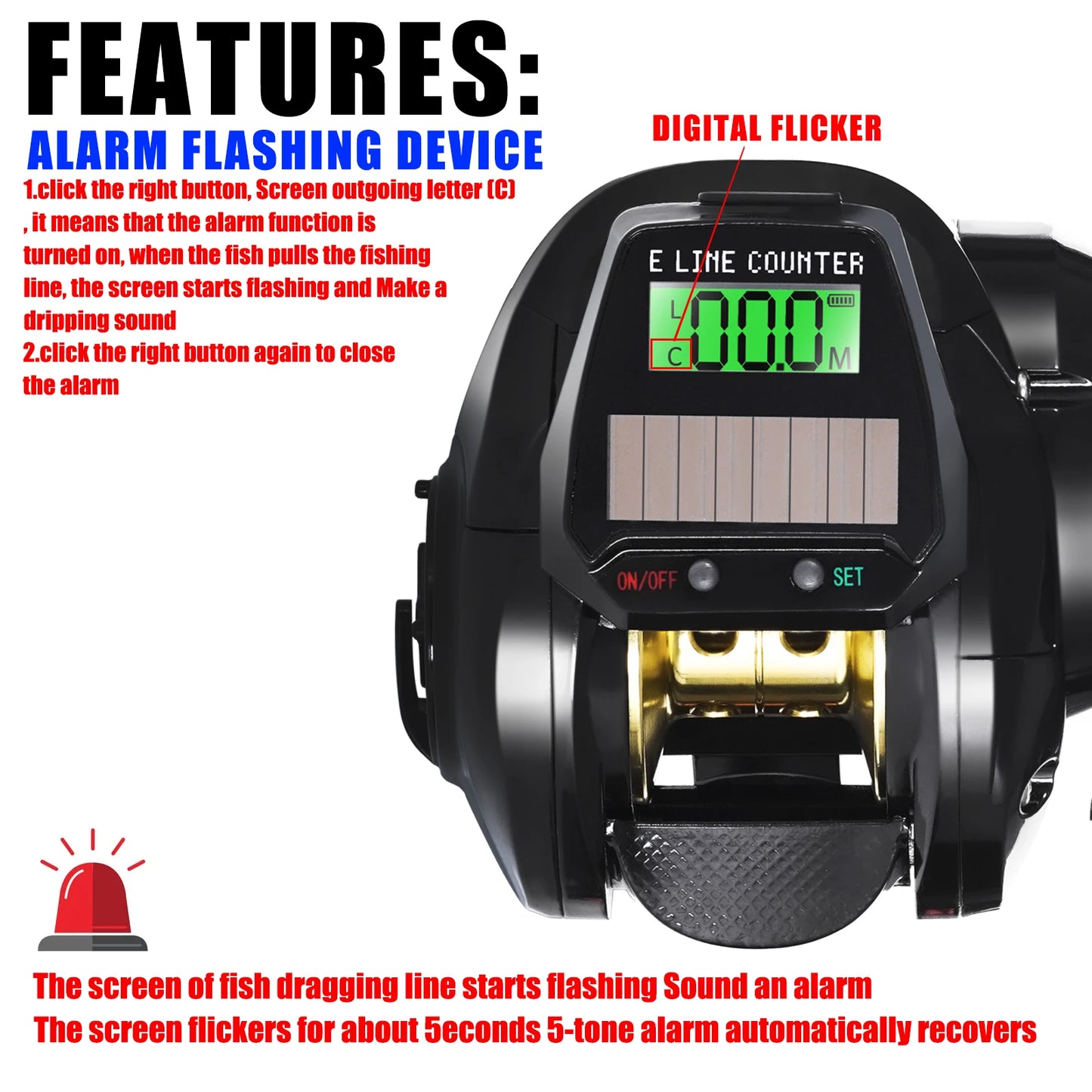 Nouveau moulinet de pêche Baitcasting électronique écran Led USB et charge solaire 7.2: 1 mer eau salée étanche coulée tambour roue coulée