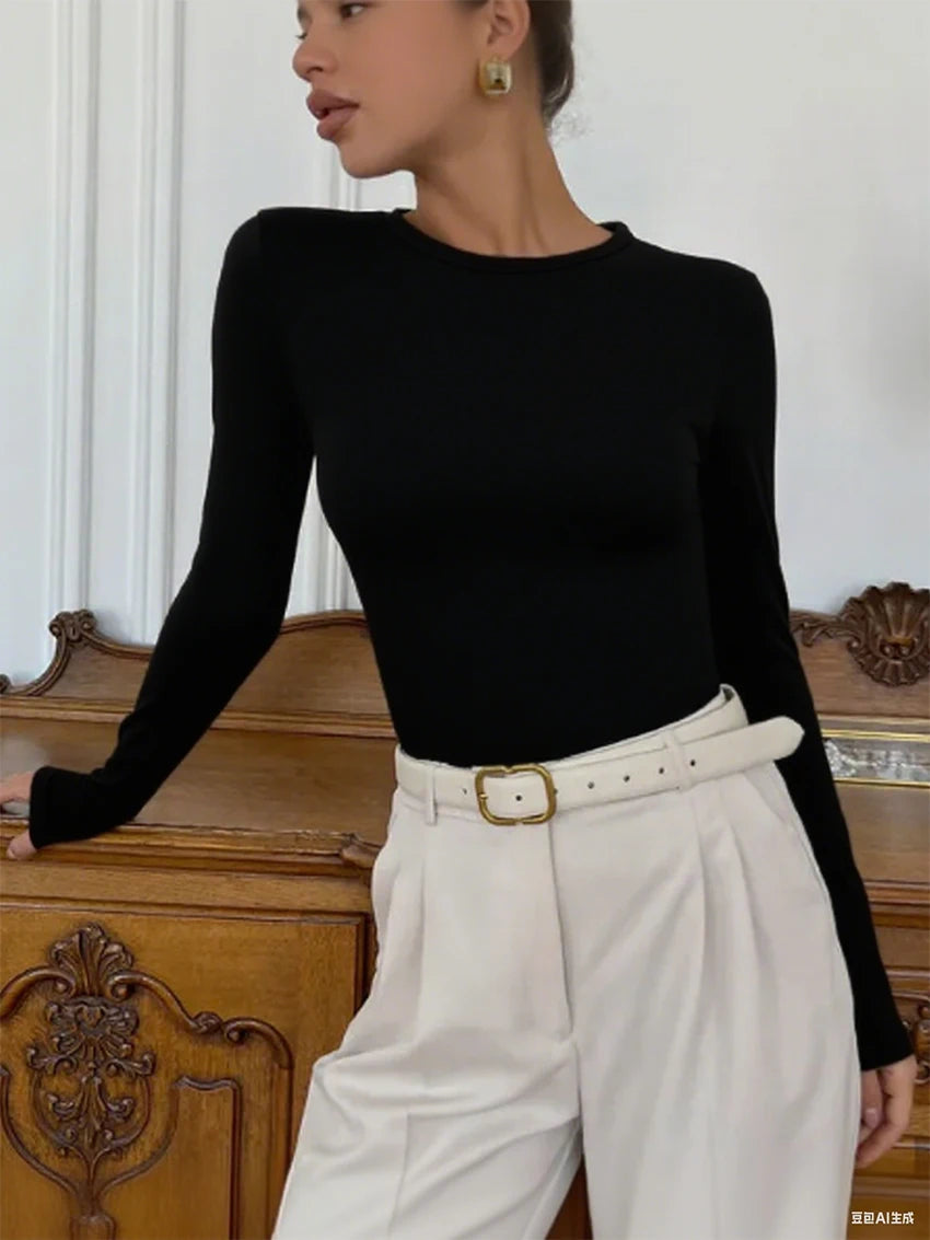 T-shirt femme mince marron 2026 — décontracté, col rond, manches longues, élégant, simple