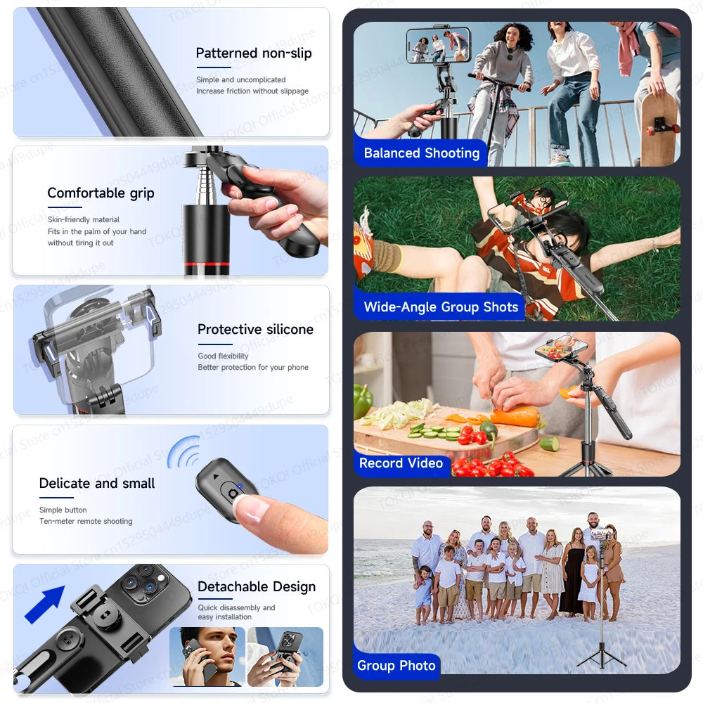 TOKQI — Bâton Selfie Extensible 360° Télécommande Bluetooth & Lumière Optionnelle