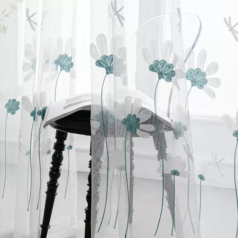 Cortina pequeña de gasa bordada con flores coreanas, para dormitorio y sala de estar, 1 pieza