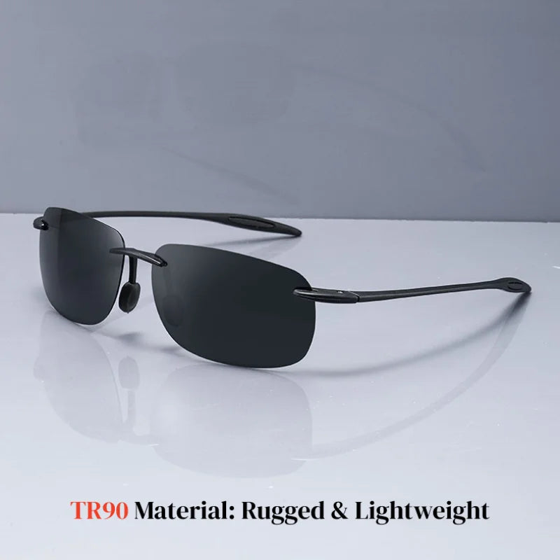 Lunettes de soleil polarisées sans cadre TR90 ultra légères 11 g – Coupe flexible et confortable, forme carrée pour la conduite, la pêche et l'extérieur