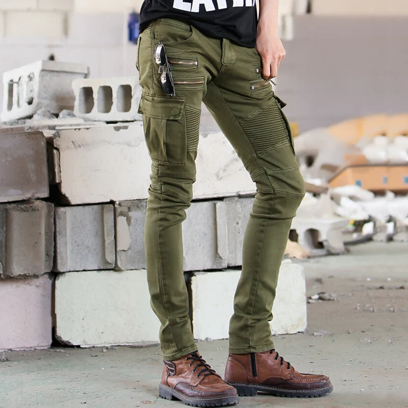 Jean Motard Denim Vert Homme — Slim Élastique Hip Hop Militaire Cargo