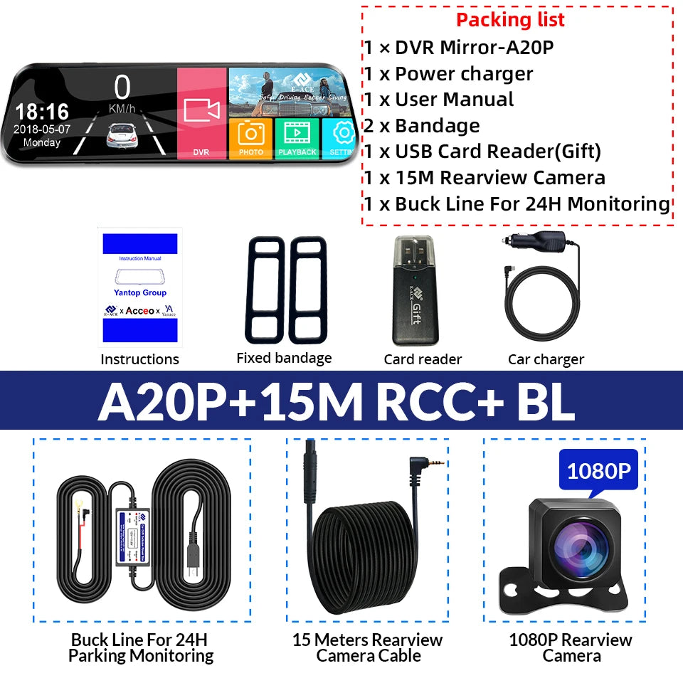 Dashcam Tactile 24H Parking — Double Objectif Avant Arrière Rétroviseur Boîte Noire