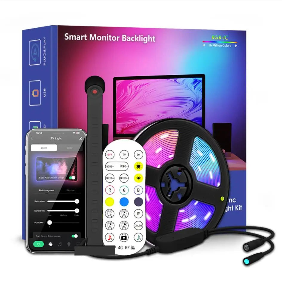 Bande lumineuse LED RGBIC pour téléviseur avec caméra, contrôle par application, synchronisation musicale, lumières intelligentes pour salle de jeu, éclairage ambiant 55-75 pouces