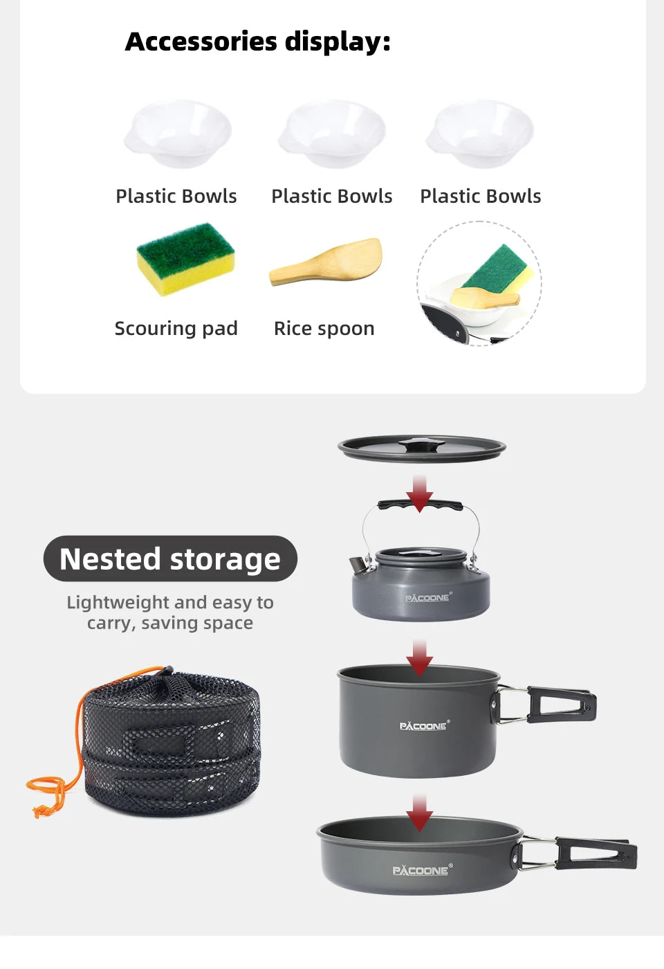 PACOONE – ensemble d'ustensiles de cuisine de Camping, Kit d'ustensiles de cuisine portables, Pot d'extérieur, bouilloire à eau, ensemble de casseroles, vaisselle, équipement de pique-nique de randonnée