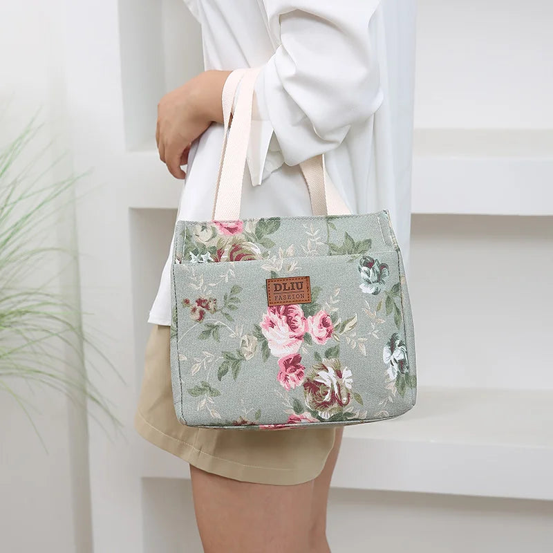 Bolsa de almuerzo estética con estampado floral, bolsa bento aislada de gran capacidad, bolsa térmica para la escuela, el trabajo, los viajes y pícnic