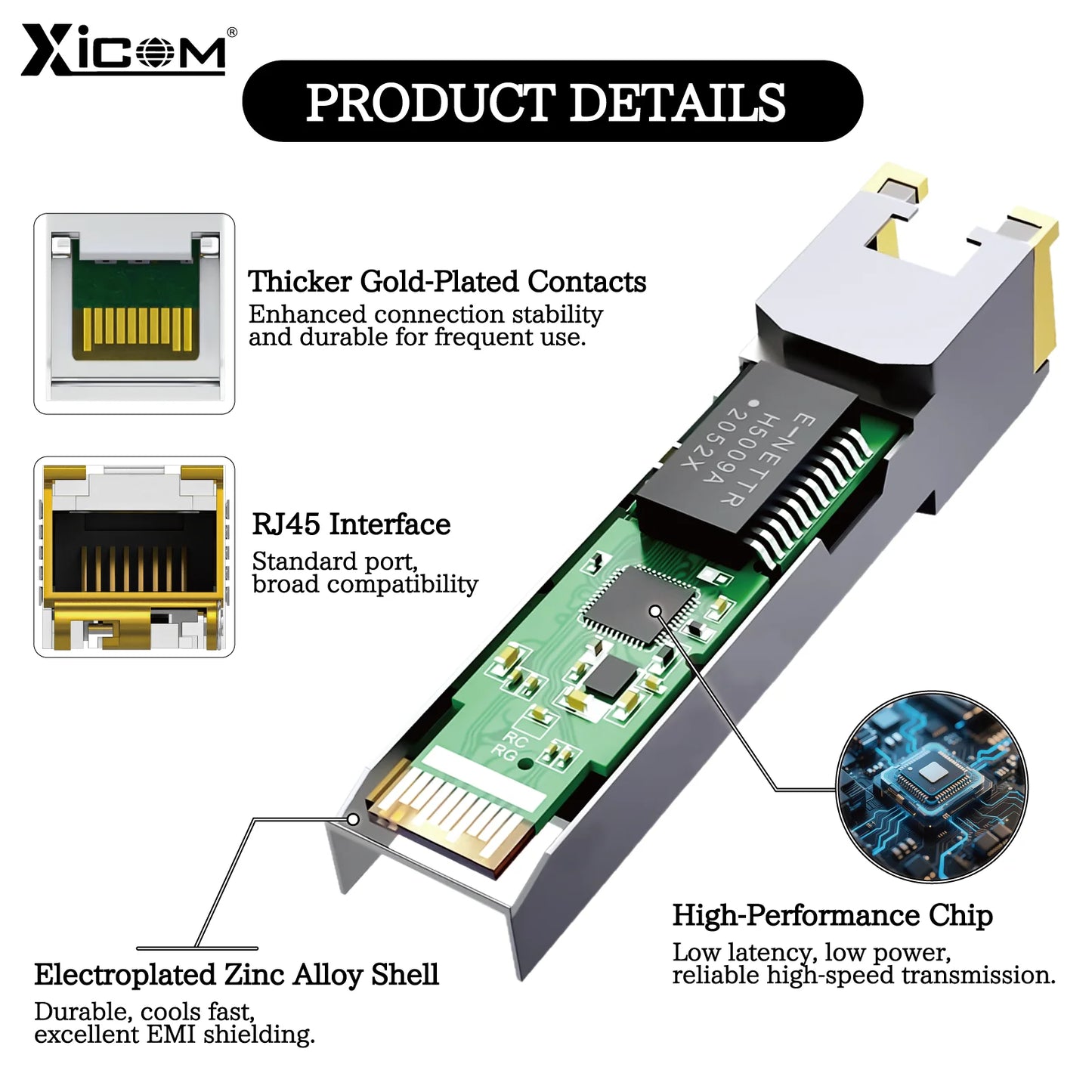 Módulo transceptor SFP+ RJ45 de cobre Xicom 10G, puerto RJ45 80M, compatible con 10G/5G/2.5G/1.25G con switches Ethernet Cisco/Mikrotik