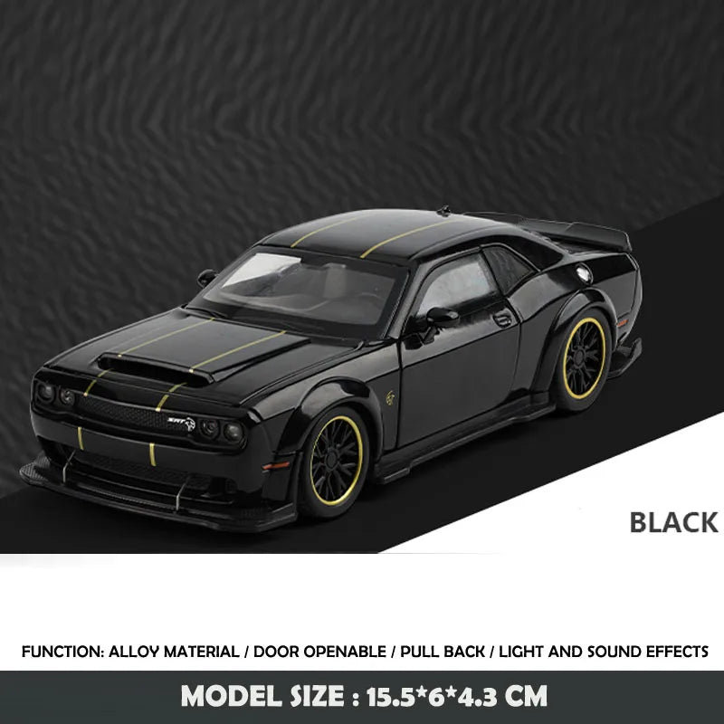 Modelo de coche de aleación Dodge Challenger Hellcat SRT 1:32 con sonido y luz, vehículo de juguete de metal con retrofricción, regalo para niño, colección en miniatura