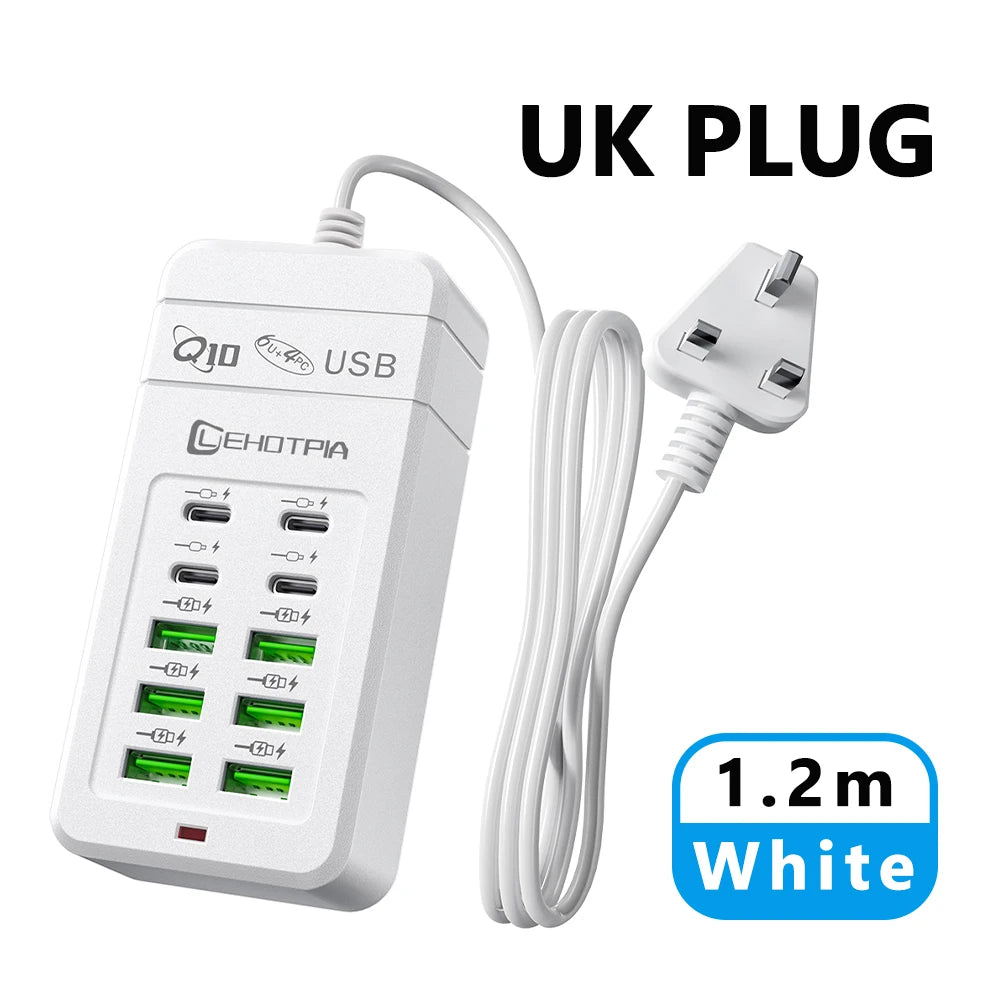 Multi-Fast USB Charger, EU UK US Plug, Power Adapter, 1.2m Extension Cord, 6 USB-A 4 USB-C, Portable for Mobile Phone