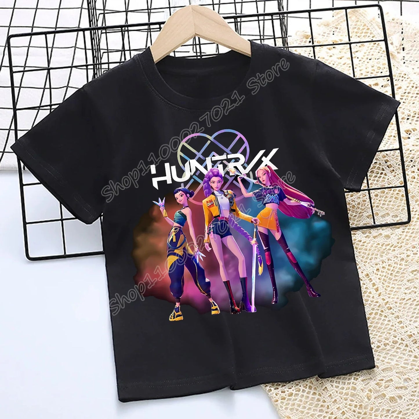 Camiseta de K-Pop Demon Hunters para niños, camiseta negra de dibujos animados para niñas, cuello redondo, ropa de manga corta