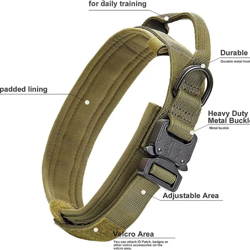 Collier Tactique Nylon pour Chien — Poignée Réglable, Robuste, Taille Moyenne & Grande