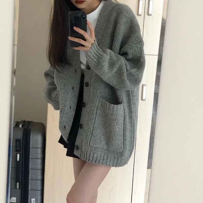Automne hiver femmes Cardigan pull manteaux mode femme à manches longues col en v lâche tricoté vestes pull décontracté Cardigans