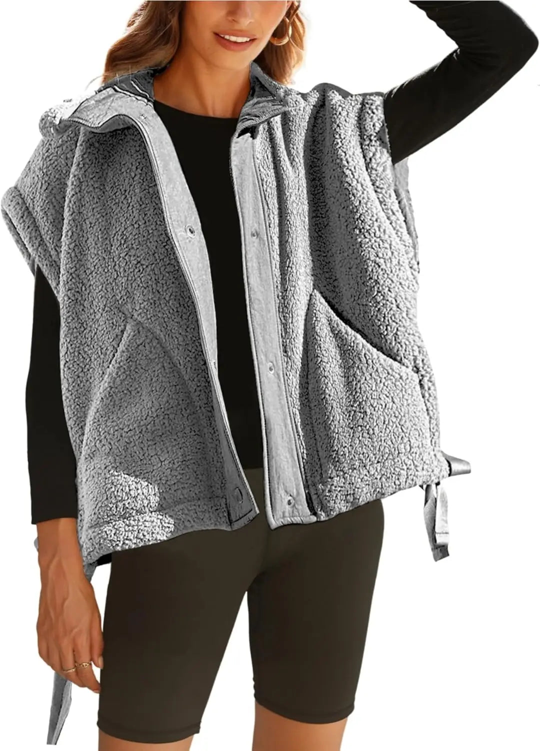 Chaleco polar de felpa para mujer, de talla grande, sin mangas, Sherpa, cálido, con botones, prendas de abrigo con bolsillos