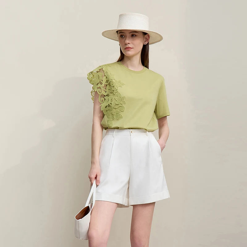 T-shirt femme 2026 été — col rond, coton, anti-transpiration, dentelle asymétrique, ample, manches courtes