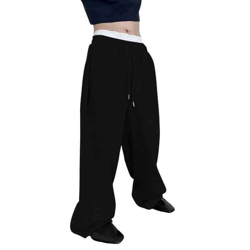 Men's Solid Color Sanitary Pants, Straight Waist with Drawstring, Wide Leg, Loose Fit with Pockets, Versatile Sport Pants, 2025