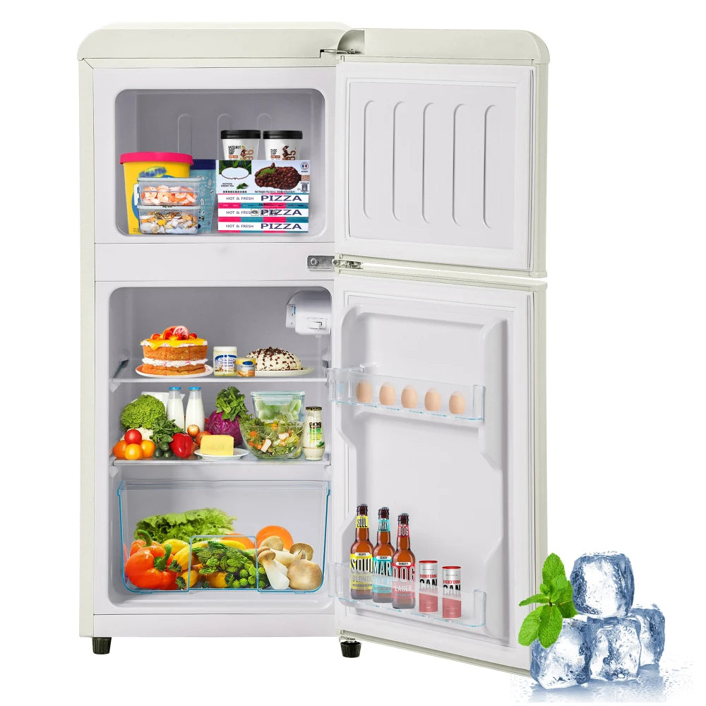Combinaison réfrigérateur-congélateur rétro 45,5 cm de large, 2 portes 60 litres de volume total, volume de congélateur 22 litres. 102 KWh/année,