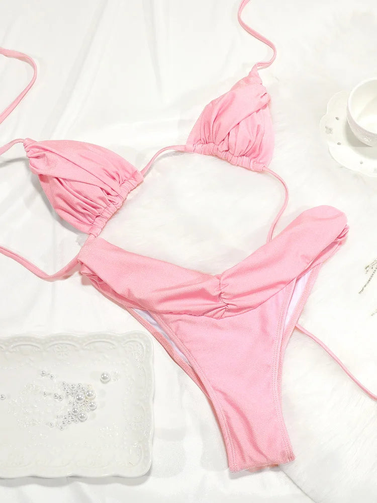 Sexy plis Bikini ensemble solide Micro Bikinis femmes maillot de bain femme Triangle maillots de bain vêtements de plage maillot de bain