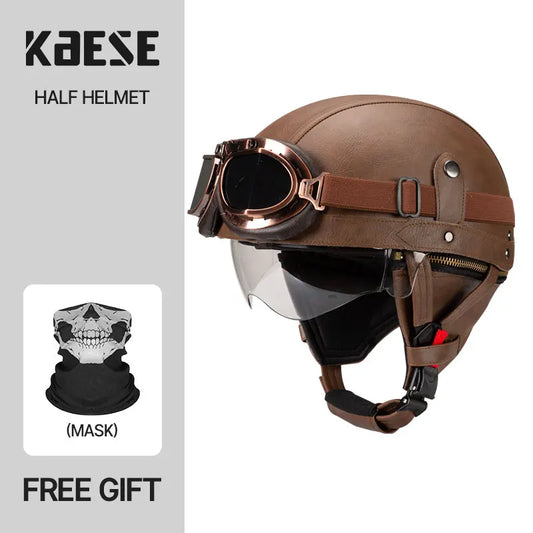 Casque Moto Demi-Visage Vintage DOT — Homme Femme Scooter Été Noir Marron