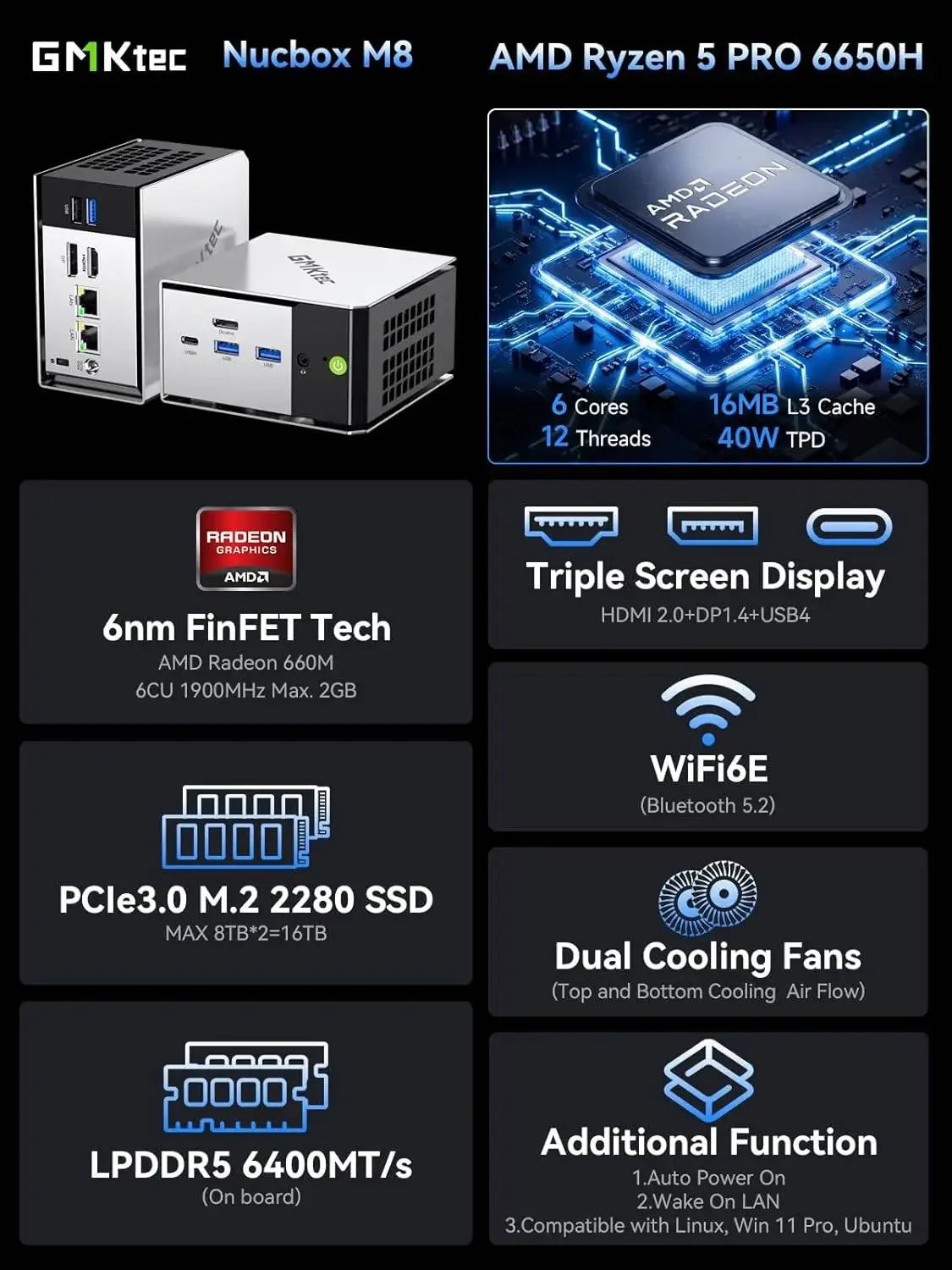 Mini PC GMKtec M8 AMD Ryzen 5Pro 6650H Nucbox Windows 11 LPDDR5 16 Go 500 Go/1 To GPU Radeon 660M Oculink Wifi 6E BT5.2