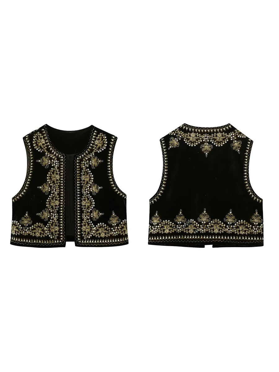 Chaleco bordado negro Vintage con estampado Floral para mujer, sin mangas, frente abierto, corto, versátil, ropa de abrigo y2k, cárdigan Boho corto