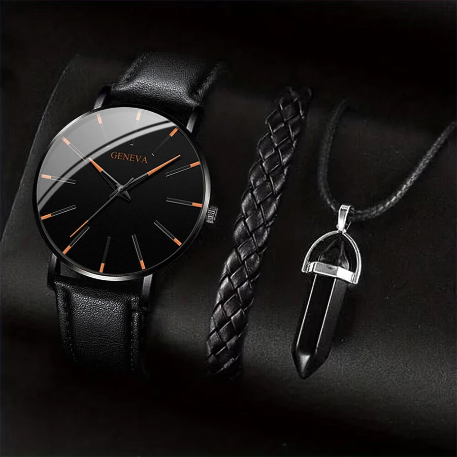 Ensemble Montre Bracelet Collier Homme 3 Pièces — Cuir Décontracté Quartz