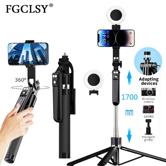 Trépied perche à selfie 1,7M avec télécommande sans fil — 360°, smartphone, vidéo, diffusion en direct