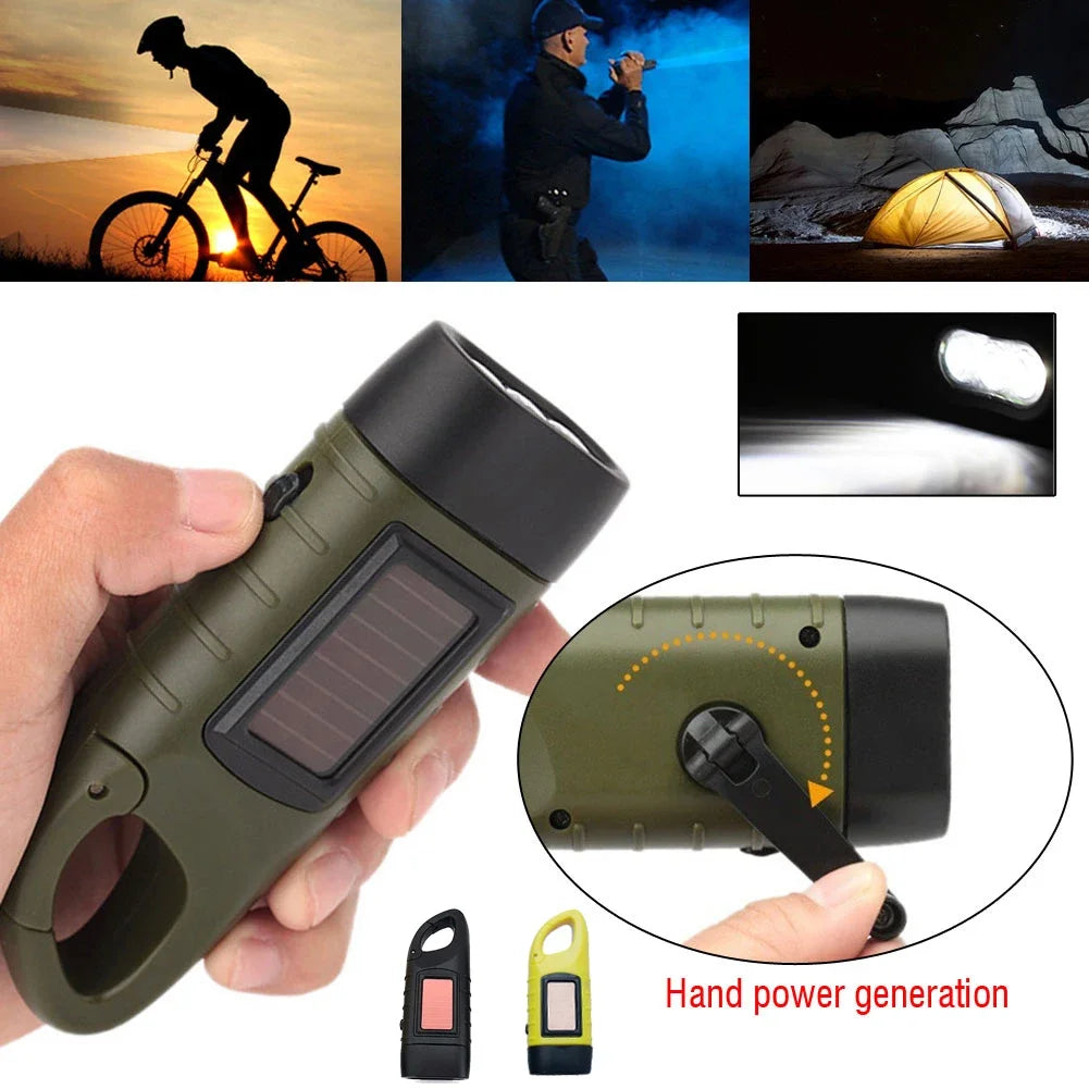 Lampe de poche LED à manivelle, équipement de survie Rechargeable à énergie solaire, torche de charge auto-alimentée, Dynamo pour pêche, bateau, randonnée